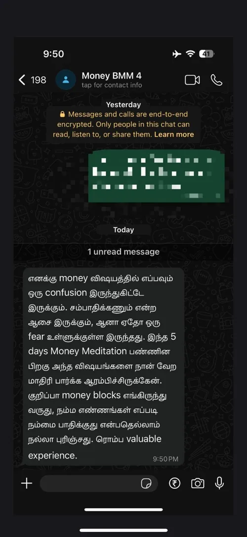 WhatsApp review from a Money Meditation student