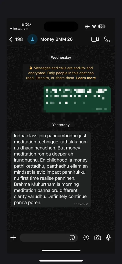 WhatsApp review from a Money Meditation student