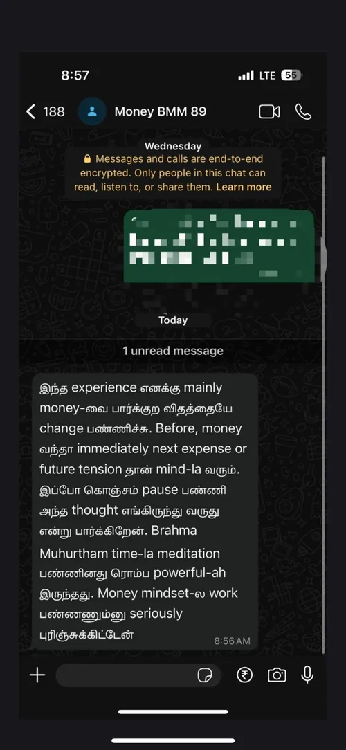 WhatsApp review from a Money Meditation student