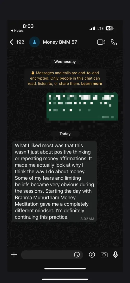 WhatsApp review from a Money Meditation student