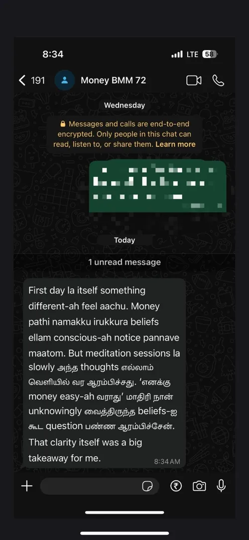 WhatsApp review from a Money Meditation student