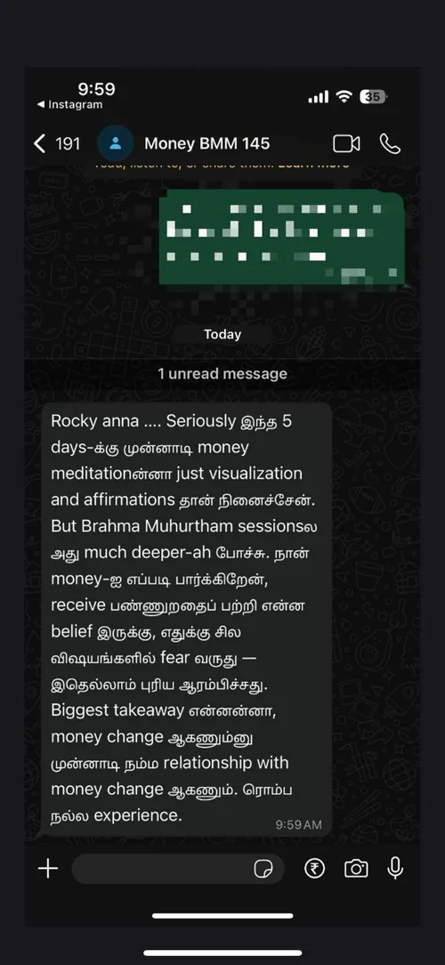 WhatsApp review from a Money Meditation student