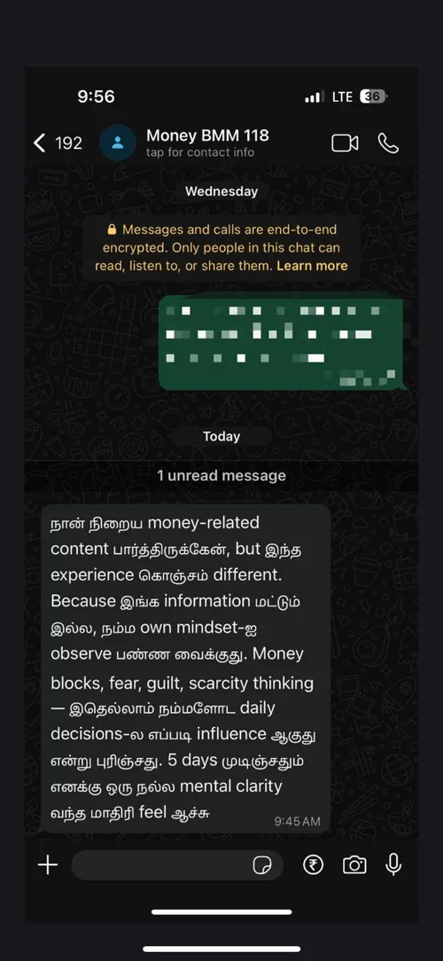 WhatsApp review from a Money Meditation student